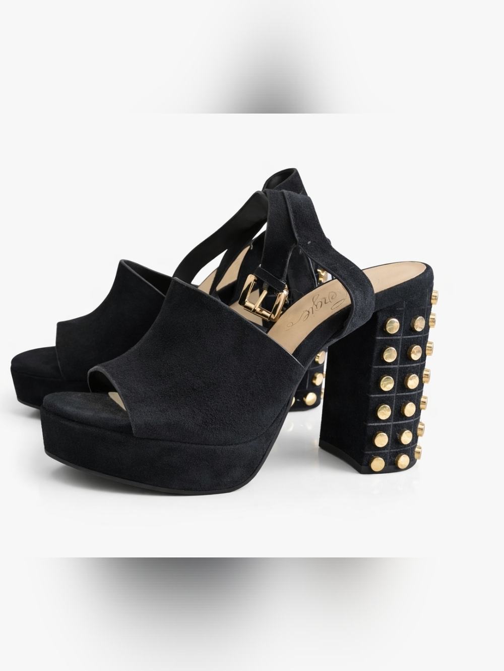 Black Suede Stud Block Heel Sandals - Fergie Shoes